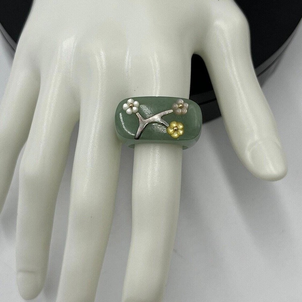 Jade Natural Icy Green Jadeite and MOP Flower Saddle Beautiful 14k Ring Sz 7.5-8